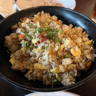 cantonese fried rice: apple wood bacon, shrimp, chicken, chinese sausage, onion, peas. We had ours with scrambled eggs and without shrimp.