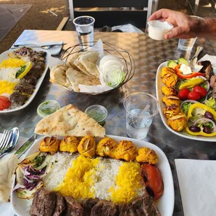 (left to right) lamb kabob; combo 3* with rice; combo 3* with salad  *combo 3: chicken and chenjeh kabob