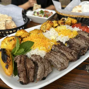 Chenjeh Kabob and juicy grilled chicken.
