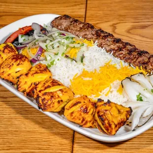 Chicken kabob and Beef kubideh