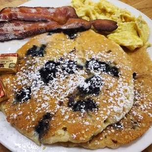 Blueberry Pancakes with Bacon and Eggs