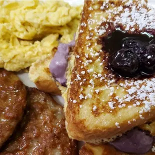 Blueberry French Toast with Sausage and Eggs