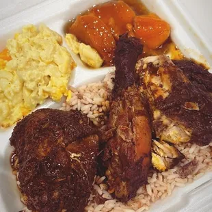 yams, mac n Mac and Cheese, Rice and Peas, Jerk Chicken