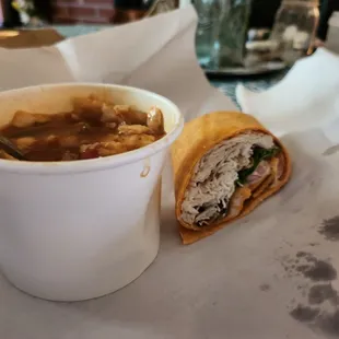 Vegtable Soup and Turkeh Bacon Wrap