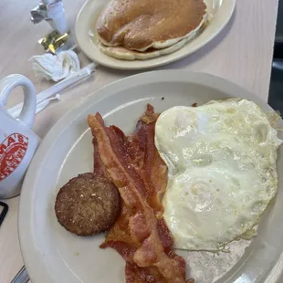 Bacon &amp; Egg + sausage + pancakes
