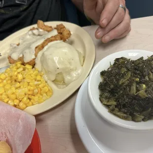 Chicken fried chicken and turnip greens