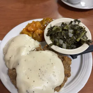 chicken fried steak w greens and candied yams