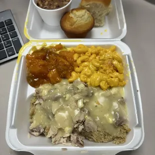 Friday special! Chicken and dressing, Mac n Cheese, candied yams, and black-eyed pees