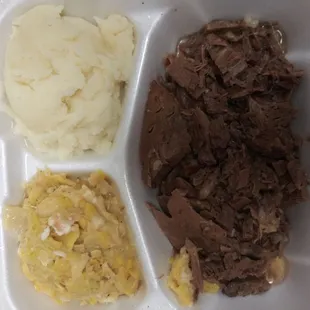 Lunch special roast beef $11.95 with squash casserole (ordered mac n cheese), gravy, tossed salad and roll not pictured