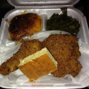 Fried Chicken, sweet potato casserole and collard greens