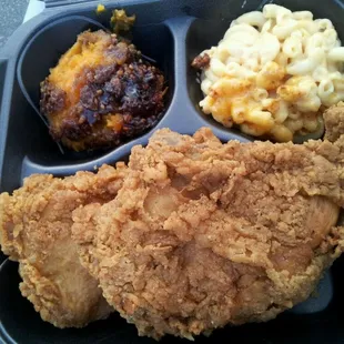 Fried chicken,  mac n cheese and pecan crusted sweet potato casserole -- chicken is to-die-for!!!