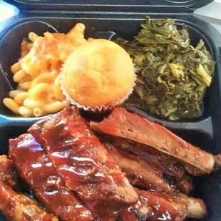 Tender &amp; Juicy BBQ ribs, mackin mac n cheese, and glorious collard greens