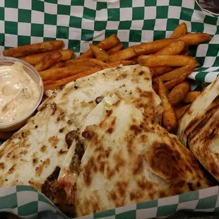 Chicken quesadilla with fries mmmm yum yum