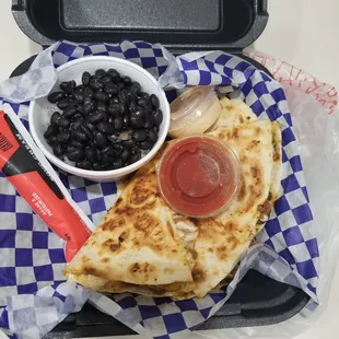 Chicken quesadilla w/ side of beans + rice