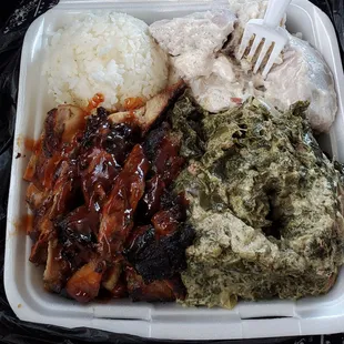 BBQ chicken &amp; luau pisupo with kalo and rice Started eating already its so bomb