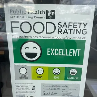 Thank you to our staff for maintaining an excellent food safety rating!