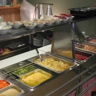 a buffet with many different foods