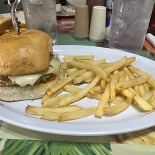 Mushroom Swiss burger &amp; fries