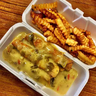 Green soupy tacos and fries
