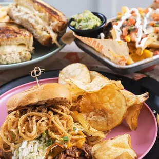 BBQ Pulled Pork Sam-Wich at Mama's Comfort Food &amp; Cocktails.  Slow-roasted pulled pork smothered, BBQ sauce, cheddar cheese, crispy onions