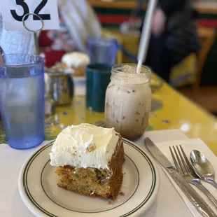 Carrot cake and iced coffee.