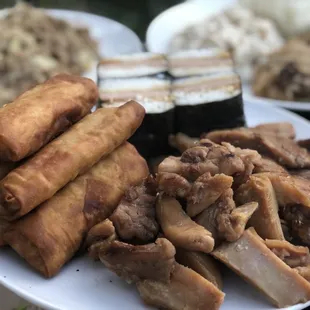 Kailua pork egg roll, Hawaiian bbq chicken, spam masubi