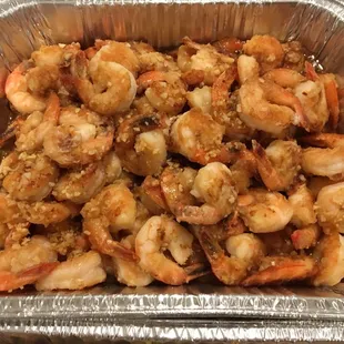Half tray of garlic shrimp--so grateful they&apos;re already peeled and so flavorful!