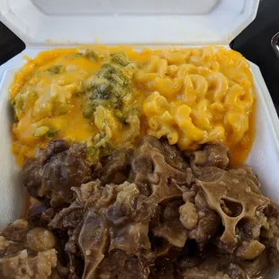 Oxtails, Mac and cheese, and broccoli cheese and rice casserole! Super good and very large portions!