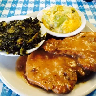 Smothered pork chops, mustard greens &amp; broccoli rice casserole