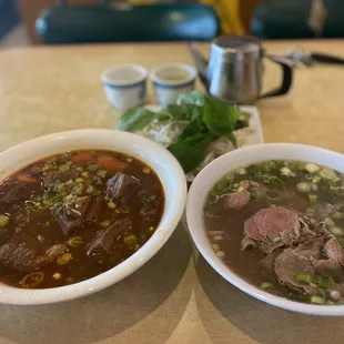 The special on the left, beef stew pho Beef pho on the right