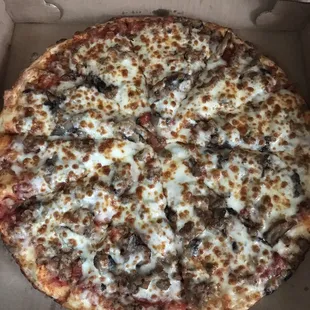 A Large pepperoni, mushroom &amp; sausage... to go.