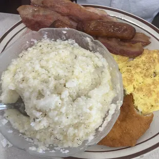 2 Eggs with Grits and Toast &amp; ham, sausage &amp; bacon.