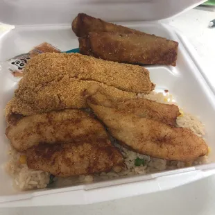 Naked and regular fried fish plus eggrolls