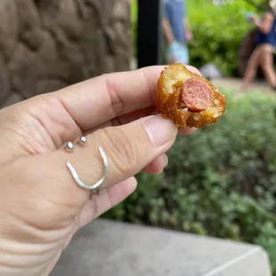 a hand holding a piece of food