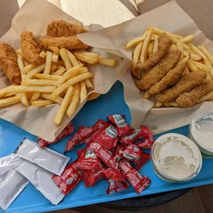 Fish and chips, chicken strips