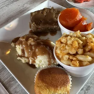 Meatloaf, mashed potatoes, mac &amp; cheese, yams, and cornbread, off the hook