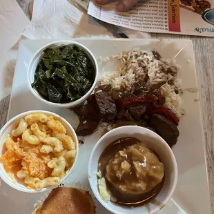 Beef tips, greens, mashed potatoes, Mac &amp; cheese &amp; corn bread