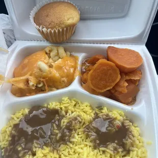 Yams, Mac and Cheese, Cornbread, Yellow Rice with Gravy