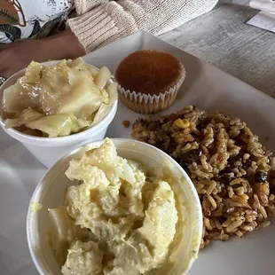 My wife ordered the collard greens the rice, potato salad