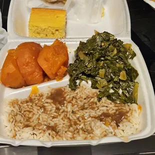 Candied yams, collard greens, rice with gravy and cornbread