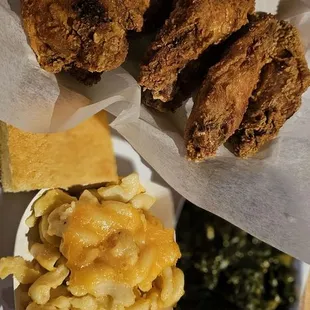 Chicken wings, Mac-N-Cheese, and greens
