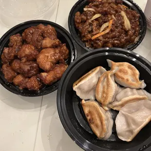 Orange chicken, crispy beef, and dumplings