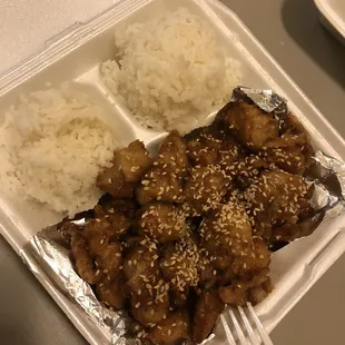 a meal in a styrofoam container