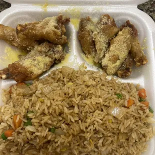 Veggie fried rice with garlic parmesan wings