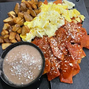 Chilaquiles with scrambled eggs.