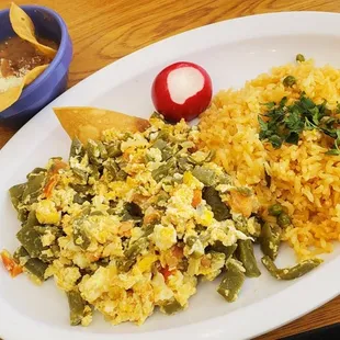 nopalitos con huevos, rice and beans