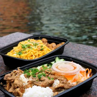 Rice Bowl: cucumbers, pickled carrots and daikon, and rice with choice of crispy vegan tofu, lemongrass chicken, or marinated pork ($12).