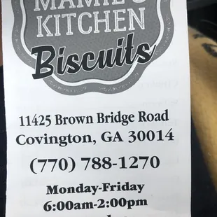 a menu for mamie&apos;s kitchen biscuits