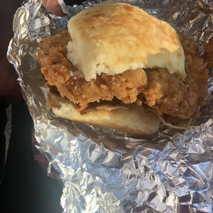 The chicken is bigger than the biscuit! The fried egg and bacon was just me living my best life .