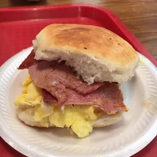 Country Ham and Egg Biscuit - excellent and authentic country ham on a scratch made biscuit.......yummy yum yum!